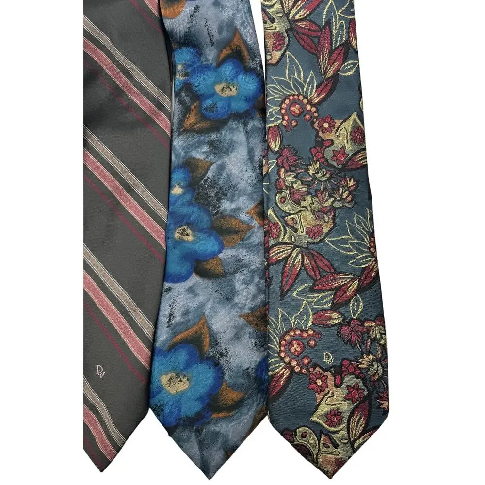 Set Of 4 Vintage Christian Dior Monsieur Mens Neck‎ Ties Striped Floral - Picture 3 of 9